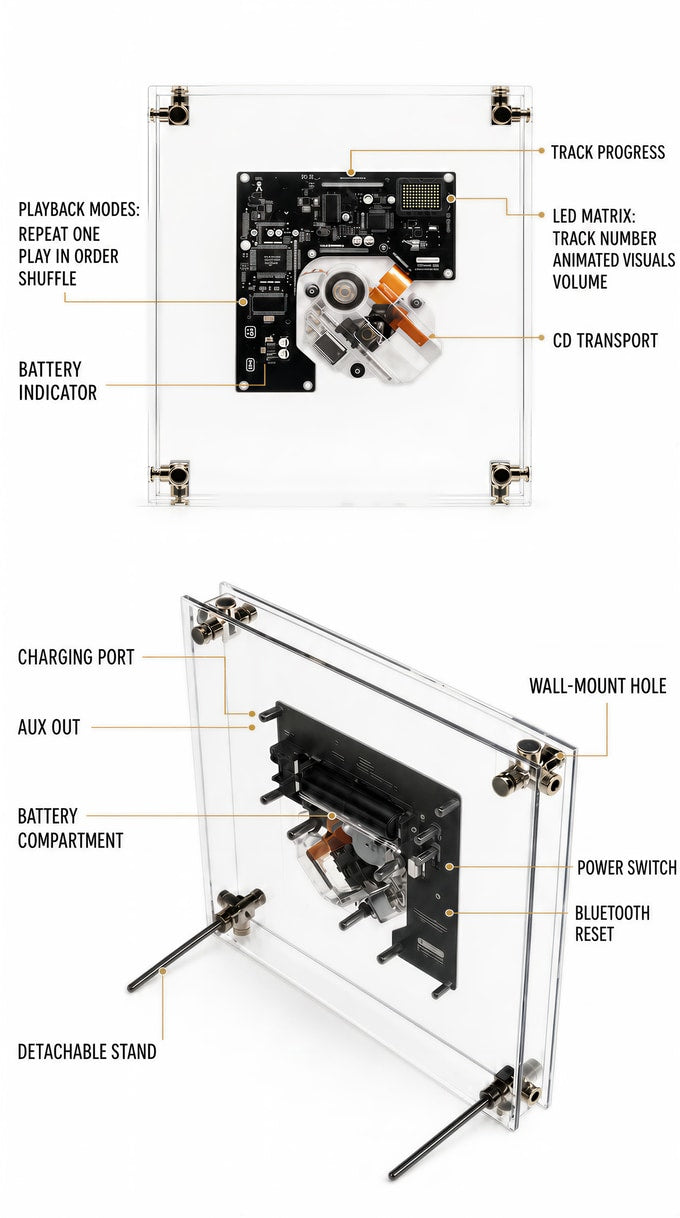🎼 MusicFrame — a living art CD player with transparent frame, album display, Hi-Fi audio, Bluetooth & AUX, anti-shock playback, and wall/desktop mounting.