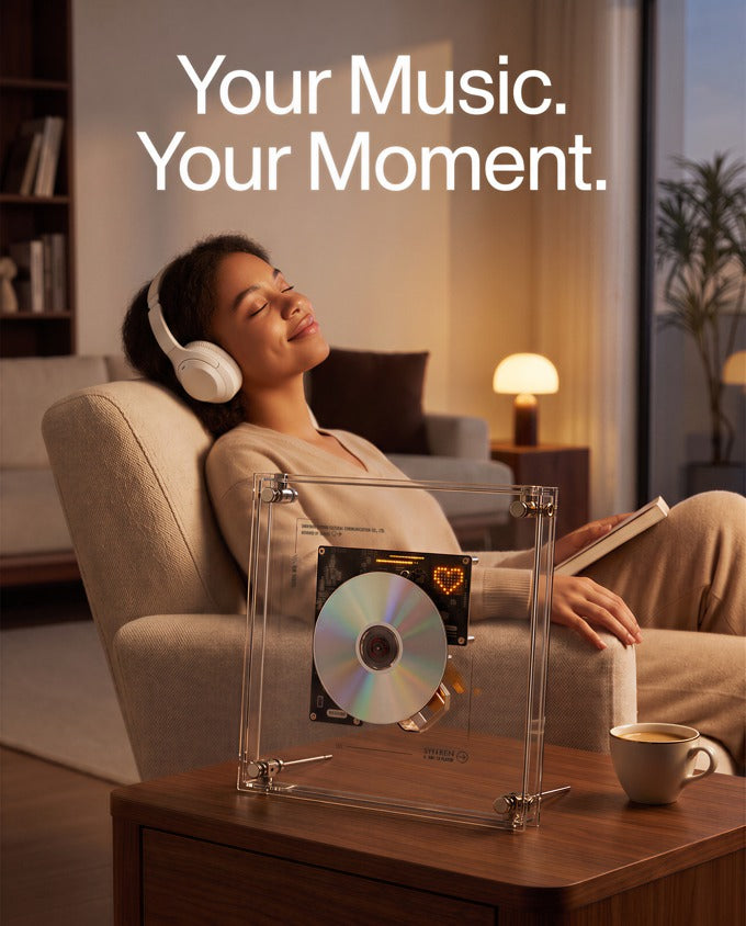 🎼 MusicFrame — a living art CD player with transparent frame, album display, Hi-Fi audio, Bluetooth & AUX, anti-shock playback, and wall/desktop mounting.